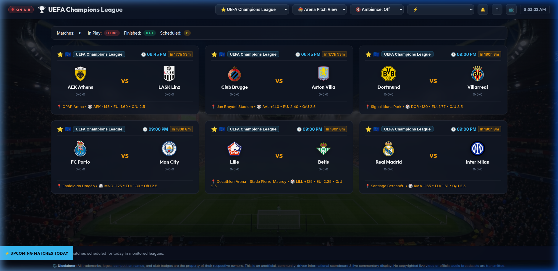 WeLiveSports full 16:9 broadcast dashboard showing Champions League matches